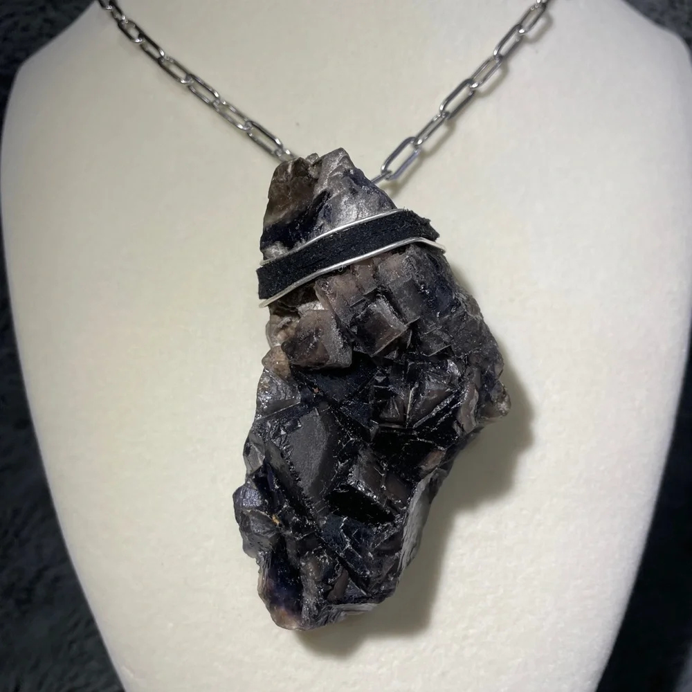 Raw black fluorite cube crystal necklace 3”x1” XL BILS- boho style - Picture 2 of 5